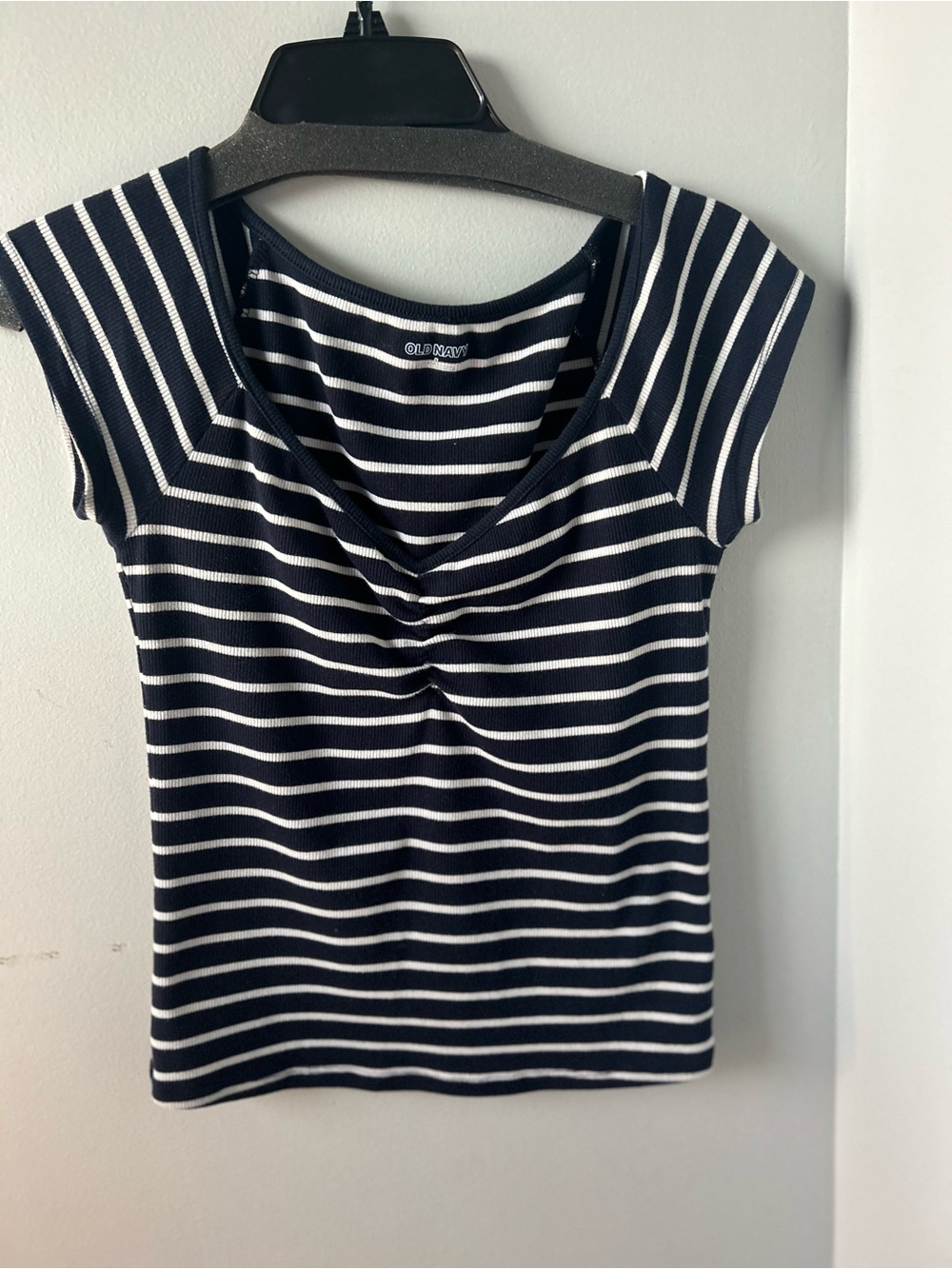 Old Navy Navy and White Striped Cap-Sleeve Tee